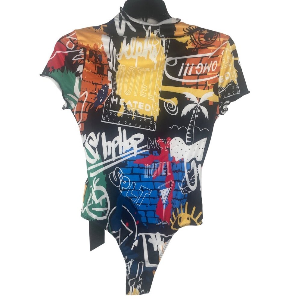 Colorful Grafitti Shein Sxy Short Sleeve Bodysuit Artsy NWT Art To Wear